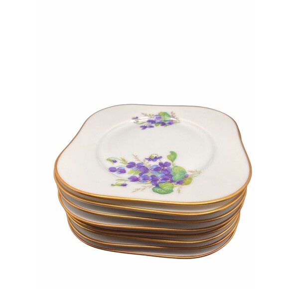 Swedish Porcelain Violets  1970's, 8 Luncheon Plates Square shape gold trimmed - Picture 2 of 5